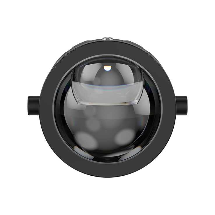 Eine direkte Draufsicht auf den GT7 Bi-LED Nebelscheinwerfer, die einen klaren Blick auf die zentrale 2-Zoll-Projektorlinse innerhalb des runden Gehäuses bietet.