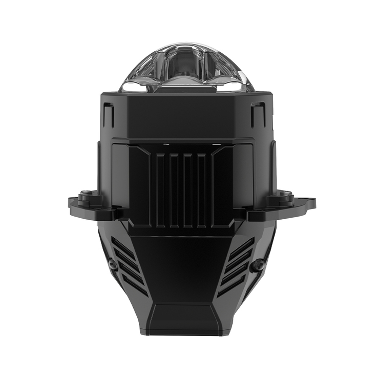 Eine Frontansicht des quadratischen MU7 2.5-Zoll Bi-LED-Projektorscheinwerfers, die sein mehrschichtiges, von Mecha inspiriertes Design und die optische Linse zeigt.